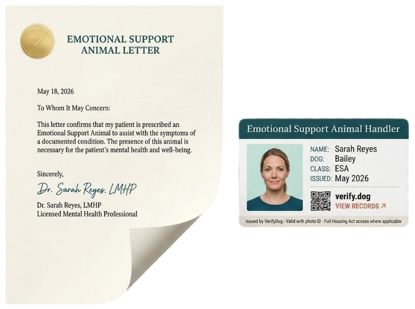 Official ESA letter on cream paper with embossed gold seal, signed by Dr. Sarah Reyes, LMHP, alongside a Verify.Dog handler ID card for Bailey.