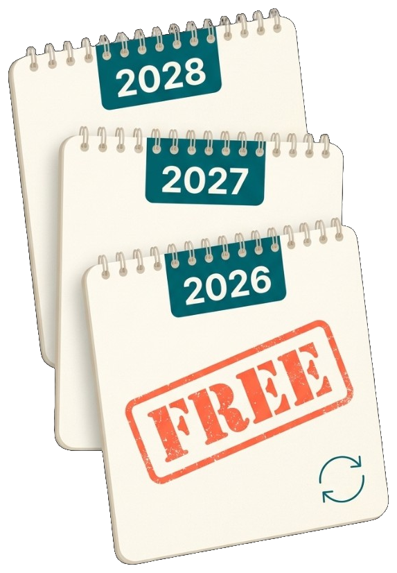 Stack of three spiral-bound calendars dated 2026, 2027, and 2028, with a coral 'FREE' rubber stamp across the 2026 calendar and a small renewal-arrow icon.