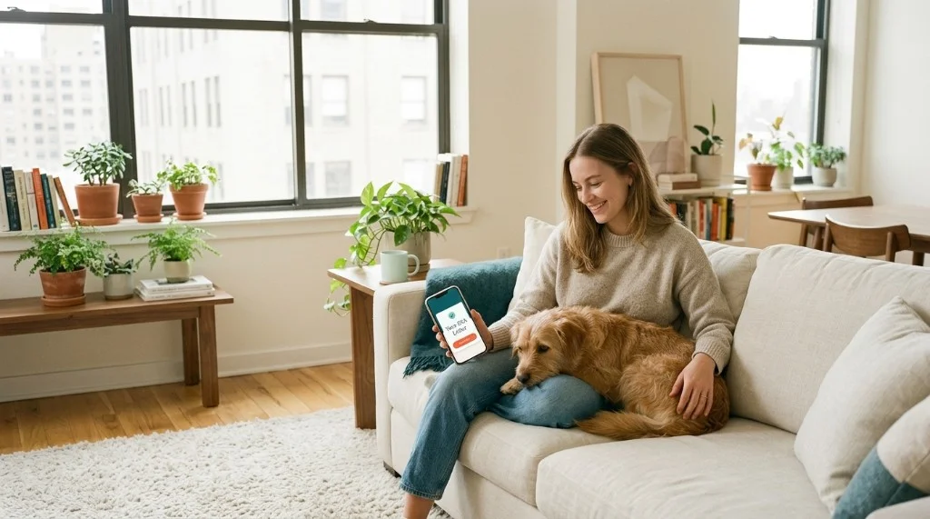 A person sits on a cream sofa in a sunlit apartment, smiling at their mixed-breed emotional support dog curled in their lap, while holding a phone that displays the Waggy ESA letter in the companion app.