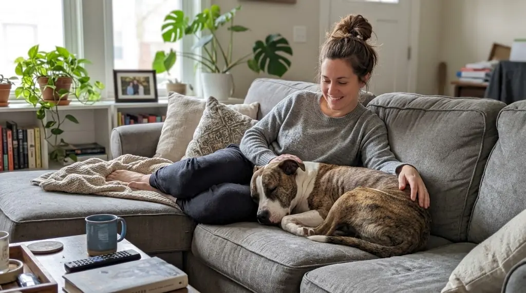 Jessica M. with her dog Bailey at home in Austin, TX