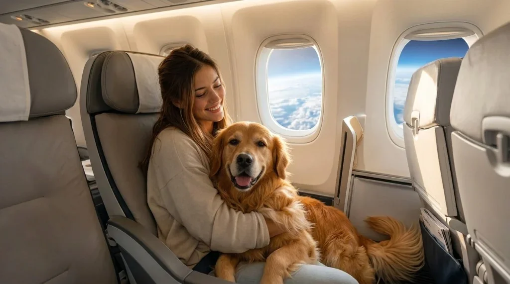 A happy person flying with their dog in an airplane cabin